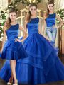 Classical Royal Blue Tulle Lace Up Scoop Sleeveless Floor Length Quince Ball Gowns Ruffled Layers