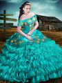 Custom Made Floor Length Lace Up Quinceanera Gown Turquoise for Sweet 16 and Quinceanera with Embroidery and Ruffles