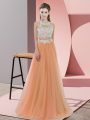 Orange Tulle Zipper Halter Top Sleeveless Floor Length Bridesmaid Dresses Lace