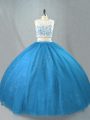 Top Selling Blue Sleeveless Tulle Zipper 15th Birthday Dress for Sweet 16 and Quinceanera
