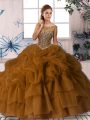 Glittering Brown Zipper Scoop Beading and Pick Ups Ball Gown Prom Dress Organza Sleeveless Brush Train