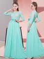 Chiffon Scoop 3 4 Length Sleeve Side Zipper Lace and Belt Quinceanera Court of Honor Dress in Apple Green