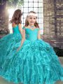 Hot Sale Aqua Blue Sleeveless Organza Lace Up Kids Pageant Dress for Party and Wedding Party
