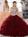 Burgundy Sleeveless Floor Length Beading and Ruffles Lace Up Vestidos de Quinceanera