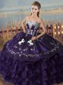 Charming Purple Sweetheart Lace Up Embroidery and Ruffles Quinceanera Gown Sleeveless