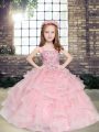 Pink Tulle Lace Up Girls Pageant Dresses Sleeveless Floor Length Beading and Ruffles