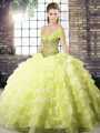 Most Popular Yellow Organza Lace Up Quinceanera Gown Sleeveless Brush Train Beading and Ruffled Layers