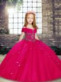 Beautiful Fuchsia Lace Up Straps Sleeveless Floor Length Little Girl Pageant Dress Beading