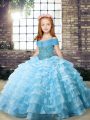 Aqua Blue Organza Lace Up Girls Pageant Dresses Sleeveless Brush Train Beading and Ruffled Layers