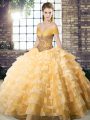 Gold Quinceanera Gowns Off The Shoulder Sleeveless Brush Train Lace Up