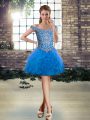 Nice Sleeveless Mini Length Beading and Ruffles Lace Up Prom Gown with Blue