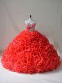 Glittering Sleeveless Fabric With Rolling Flowers Court Train Lace Up 15 Quinceanera Dress in Red with Beading and Ruffles