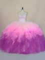 Tulle Sweetheart Sleeveless Brush Train Lace Up Beading and Ruffles Sweet 16 Dress in Multi-color