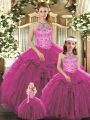 Floor Length Fuchsia Quinceanera Gown Tulle Sleeveless Beading and Ruffles