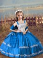 Stylish Blue Satin Lace Up Straps Sleeveless Floor Length Little Girls Pageant Gowns Beading and Embroidery