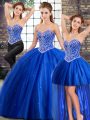 Attractive Blue Lace Up Sweetheart Beading Quinceanera Gowns Tulle Sleeveless Brush Train