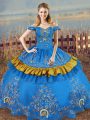 Custom Design Embroidery Quinceanera Dress Blue Lace Up Sleeveless Floor Length