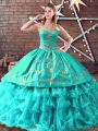 Aqua Blue Ball Gown Prom Dress Sweet 16 and Quinceanera with Embroidery and Ruffled Layers Sweetheart Sleeveless Lace Up