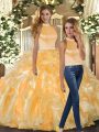 Deluxe Beading and Ruffles Sweet 16 Dresses Gold Backless Sleeveless Floor Length