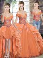 Custom Design Organza Off The Shoulder Sleeveless Lace Up Beading and Ruffles Quinceanera Gown in Orange