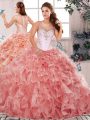 Top Selling Watermelon Red Scoop Clasp Handle Beading and Ruffles Ball Gown Prom Dress Sleeveless