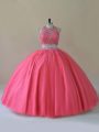 Coral Red Halter Top Neckline Beading Sweet 16 Dress Sleeveless Backless