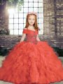 Stylish Beading Little Girls Pageant Dress Wholesale Red Lace Up Sleeveless Floor Length