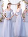 Grey Tulle Lace Up V-neck Half Sleeves Floor Length Bridesmaid Dresses Lace