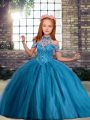 High Quality Sleeveless Tulle Floor Length Lace Up Pageant Dress for Girls in Blue with Beading