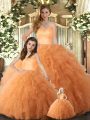 Sleeveless Tulle Floor Length Lace Up Quinceanera Dresses in Orange with Ruffles