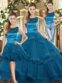 Teal Lace Up Quince Ball Gowns Ruffles Sleeveless Floor Length