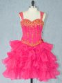 Mini Length Lace Up Club Wear Hot Pink for Prom and Party with Beading and Ruffled Layers
