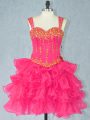 Mini Length Lace Up Club Wear Hot Pink for Prom and Party with Beading and Ruffled Layers