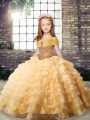 Organza Straps Sleeveless Brush Train Lace Up Beading and Ruffled Layers Little Girls Pageant Gowns in Orange