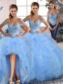 Nice Blue Ball Gowns Beading and Ruffles Sweet 16 Dresses Lace Up Tulle Sleeveless Floor Length