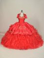 New Style Red Satin and Organza Lace Up Sweet 16 Dress Sleeveless Brush Train Embroidery and Ruffles