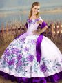 White And Purple Satin Lace Up Off The Shoulder Sleeveless Floor Length 15 Quinceanera Dress Embroidery and Ruffles