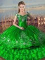Comfortable Sleeveless Floor Length Embroidery and Ruffled Layers Lace Up 15 Quinceanera Dress with Green