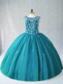 High Quality Ball Gowns 15 Quinceanera Dress Teal Scoop Tulle Sleeveless Floor Length Lace Up