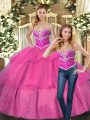 High End Sleeveless Floor Length Beading Lace Up Sweet 16 Dresses with Hot Pink