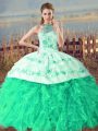 Organza Halter Top Sleeveless Court Train Lace Up Embroidery and Ruffles Ball Gown Prom Dress in Turquoise