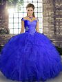 Glittering Sleeveless Tulle Floor Length Lace Up Sweet 16 Quinceanera Dress in Royal Blue with Beading and Ruffles