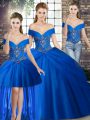 Decent Off The Shoulder Sleeveless 15 Quinceanera Dress Brush Train Beading and Pick Ups Royal Blue Tulle