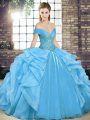 Artistic Baby Blue Off The Shoulder Neckline Beading and Ruffles Quinceanera Gown Sleeveless Lace Up