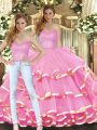 Rose Pink Sleeveless Organza Lace Up Sweet 16 Dress for Military Ball and Sweet 16 and Quinceanera