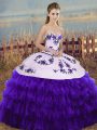 Designer Floor Length Lace Up Quinceanera Dress White And Purple for Military Ball and Sweet 16 and Quinceanera with Embroidery and Ruffled Layers and Bowknot