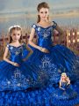 Admirable Ball Gowns Quince Ball Gowns Royal Blue Off The Shoulder Satin and Organza Sleeveless Floor Length Lace Up