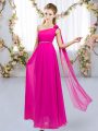High End One Shoulder Sleeveless Bridesmaid Dresses Floor Length Beading and Hand Made Flower Hot Pink Chiffon