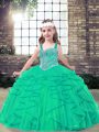 On Sale Ball Gowns Kids Pageant Dress Turquoise Straps Tulle Sleeveless Floor Length Lace Up