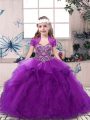 Purple Ball Gowns Straps Sleeveless Tulle Floor Length Lace Up Beading and Ruffles Child Pageant Dress